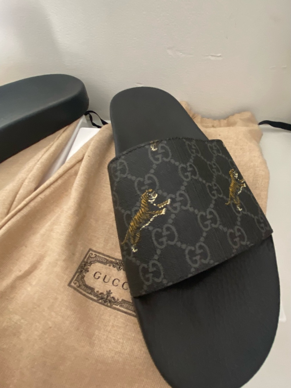 Authentic Gucci Black GG Monogram Men Slide Sandals with Embroidered Gold Tigers
